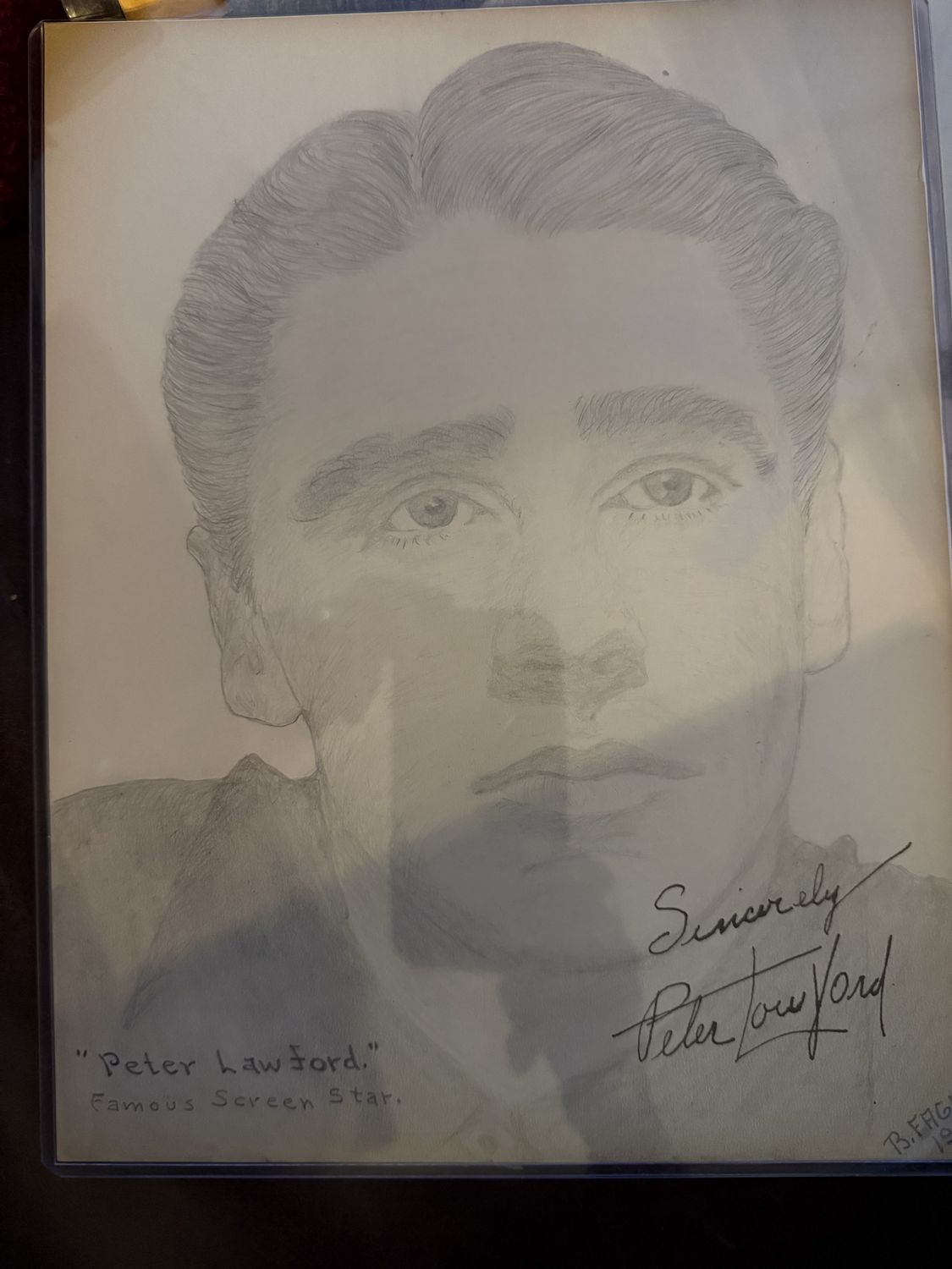 Original Drawing of &quot;Famous Screen Star&quot; Peter Lawford signed by the artist Barney Fagan and the actor Authenticated