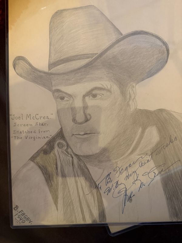Original Drawing of "Screen Star Sketched From The Virginian" Joel McCrea signed by the artist Barney Fagan and the Actor Authenticated