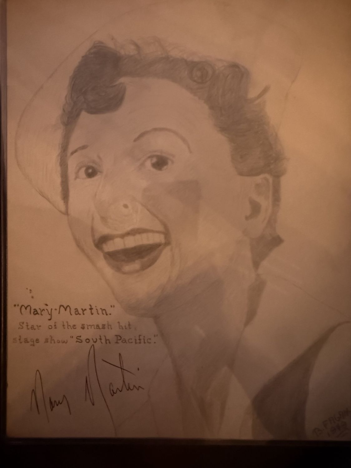 Original Drawing of &quot;Star of Smash Hit stage South Pacific&quot; Mary Martin signed by the artist Barney Fagan and the Actress Authenticated