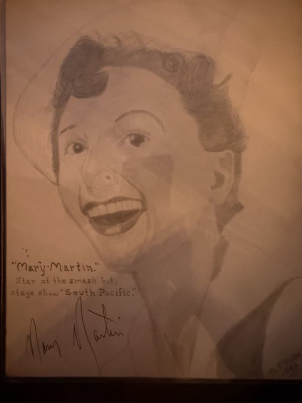 Original Drawing of "Star of Smash Hit stage South Pacific" Mary Martin signed by the artist Barney Fagan and the Actress Authenticated