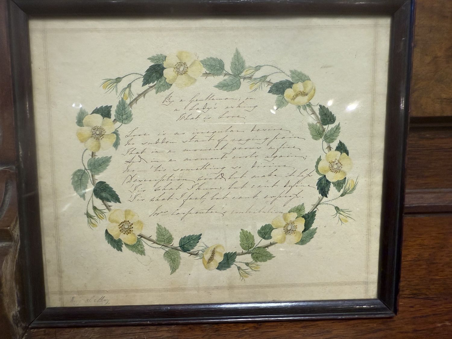Eighteenth Century Double Sided Framed Watercolor Poem and Letter Floral Wreath