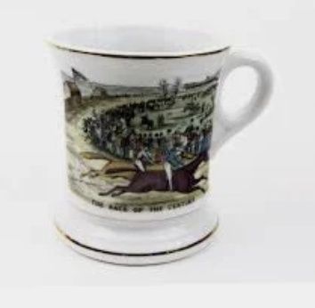 Mid-century Mustache Mug &quot;The Race of the Century&quot;  Equestrian Scene Horse Race