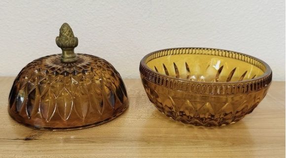 Vintage Indiana Glass Amber Candy Dish Brass Finial