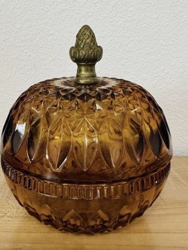 Vintage Indiana Glass Amber Candy Dish Brass Finial