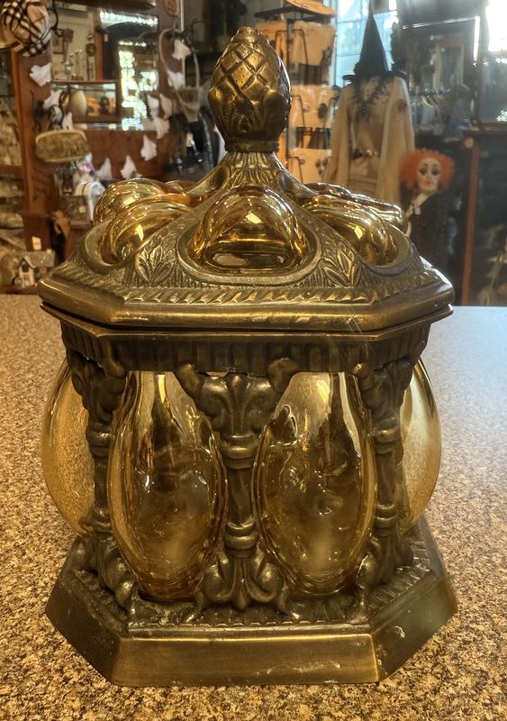 Vintage Brass &amp; Amber Bubble Glass Baroque Style