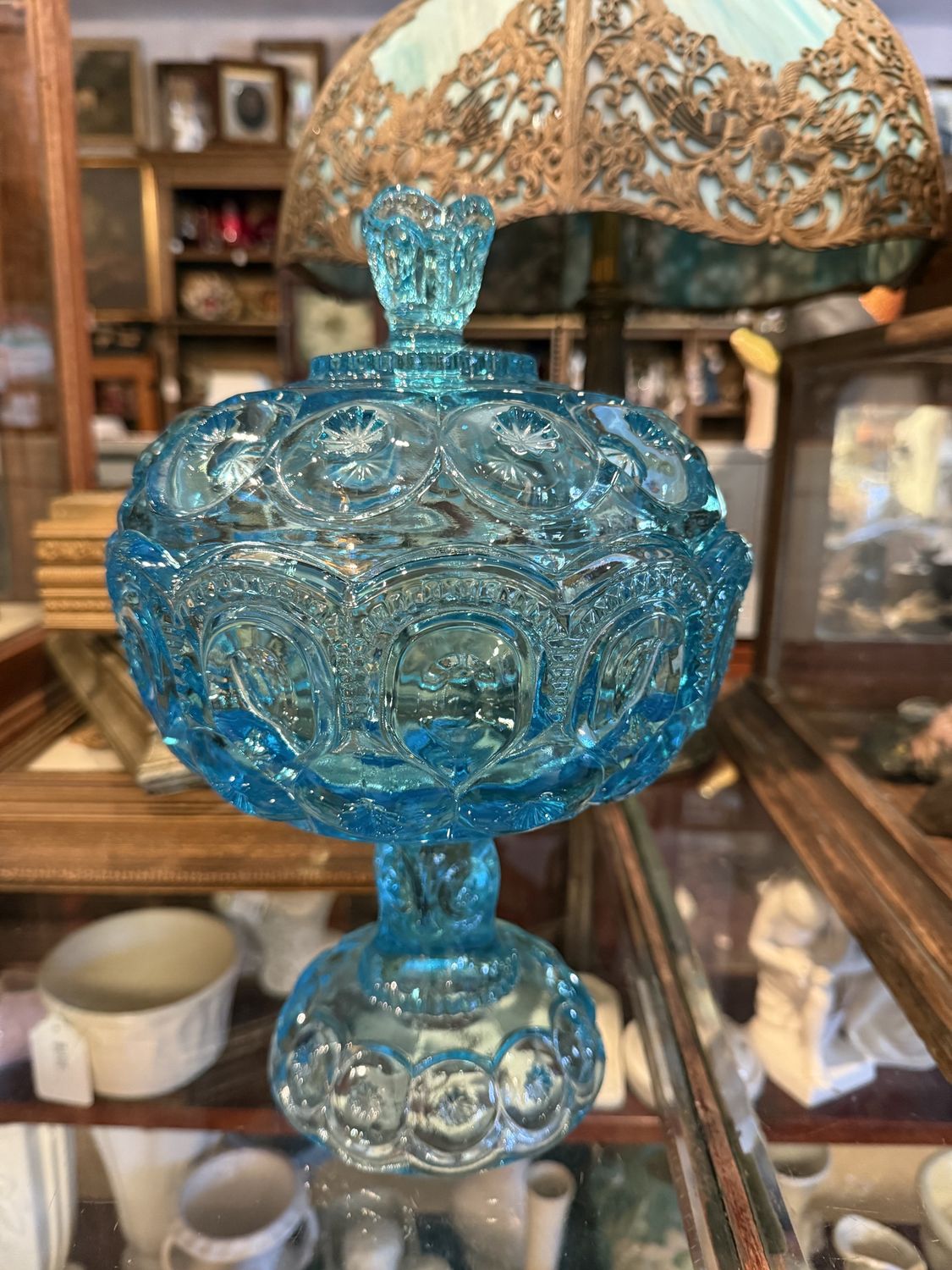 L. E. SMITH GLASS MOON AND STARS PATTERN AQUA COLOR Heavy GLASS COMPOTE Lidded DISH