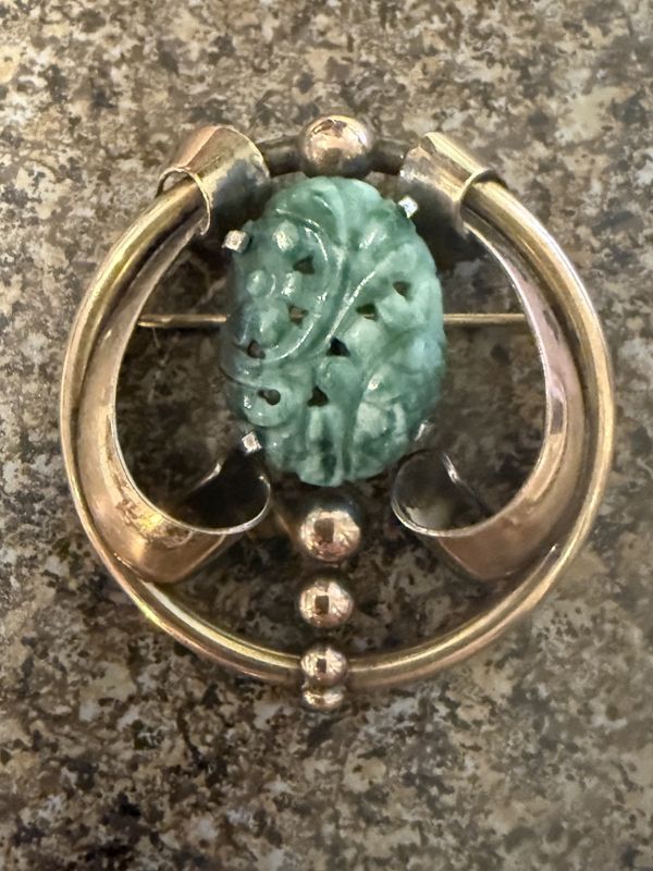 WL Antique Carved Jade 12K Gold Filled on Silver Brooch