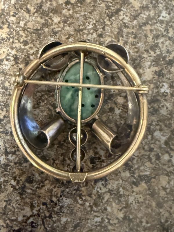 WL Antique Carved Jade 12K Gold Filled on Silver Brooch