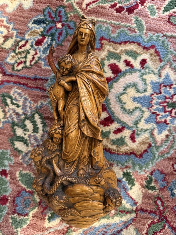 Intricately Carved Wood Madonna and Child With Angels and Snake (Repair to Jesus&#39;s arm) Brugge, Belgium