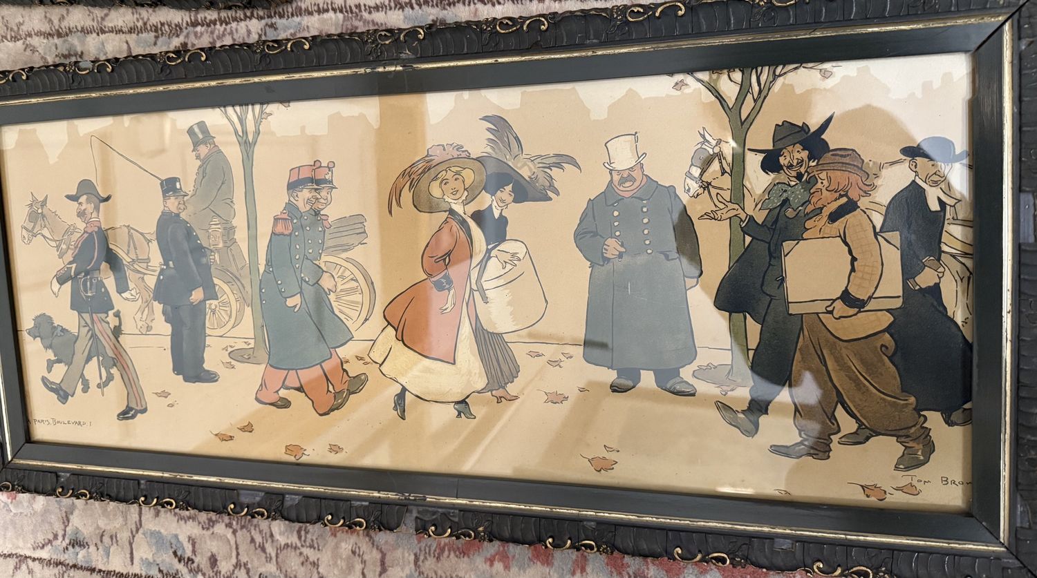 Original Antique Tom Browne Lithograph Paris Boulevard I original Frame Frame Has Issues