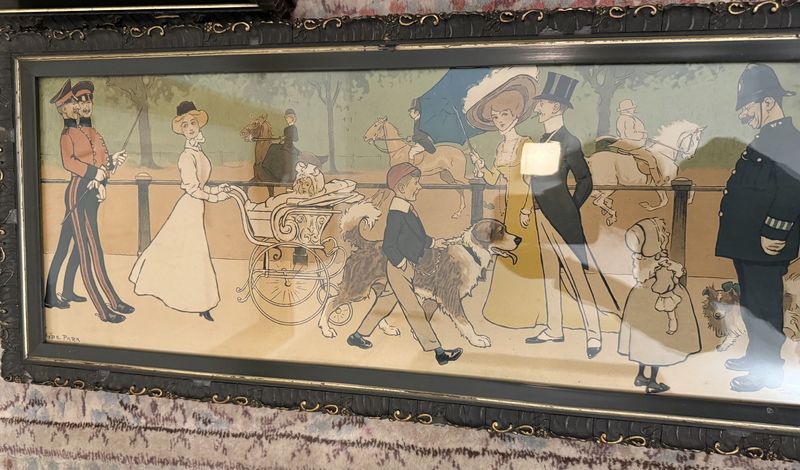 Original Antique Tom Browne Lithograph "Hyde Park"original Frame Frame Has Issues