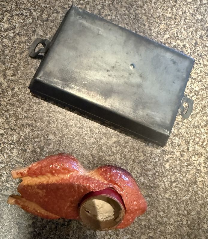 Rare Set! Antique German paper Mache Roasted Turkey/Goose Candy Container in Original Meal Roasting Pan