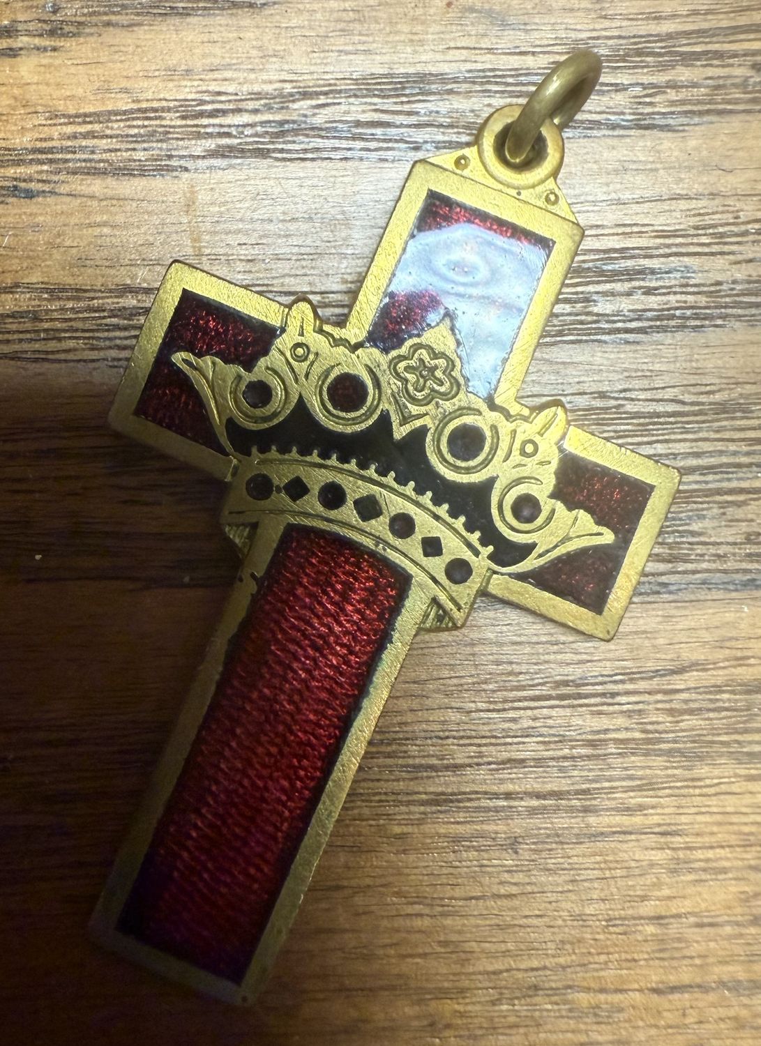 Brass Cross with Red Guilloche and Black Enamel Crown Pendant