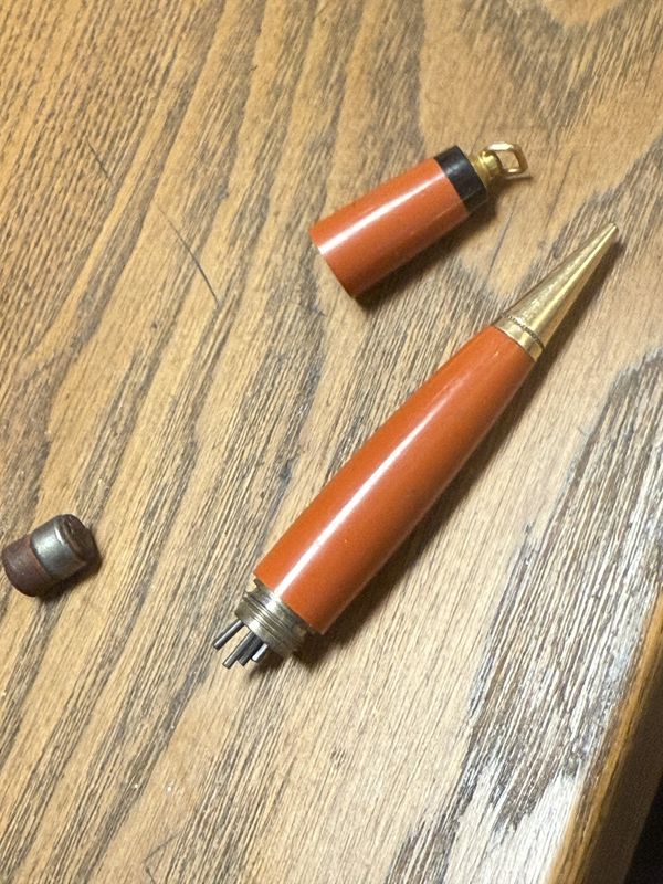 Vintage Orange and Black Bakelite w/Brass Mechanical Pencil Pendant