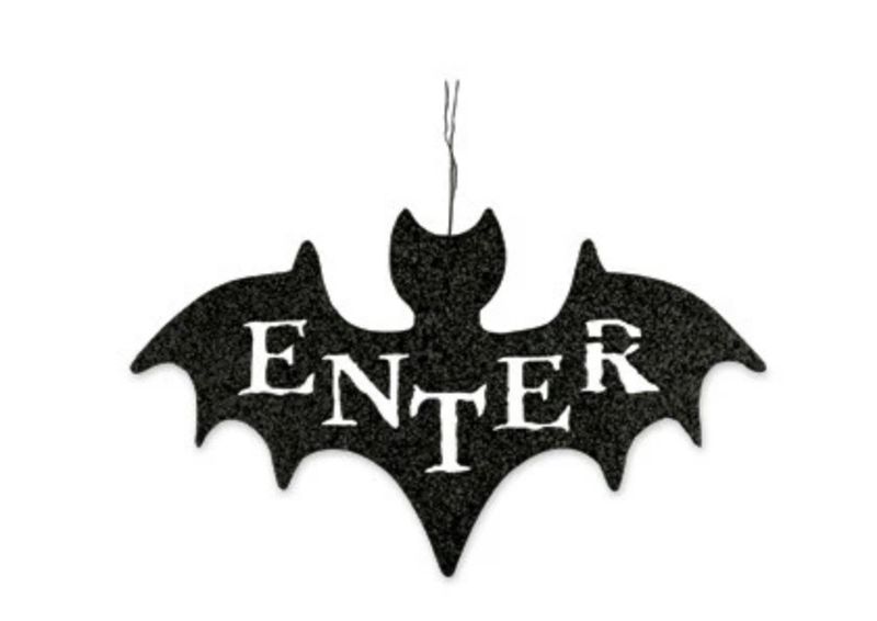 Bethany Lowe Halloween Retired Black Glitter &quot;Enter&quot; Bat Hanger