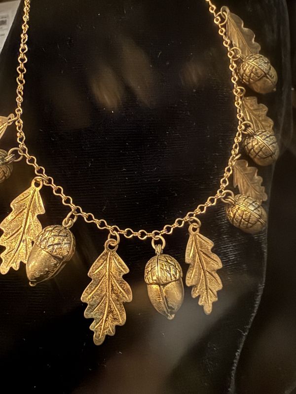 Vintage Brass  Acorn and Leaves Chain Necklace