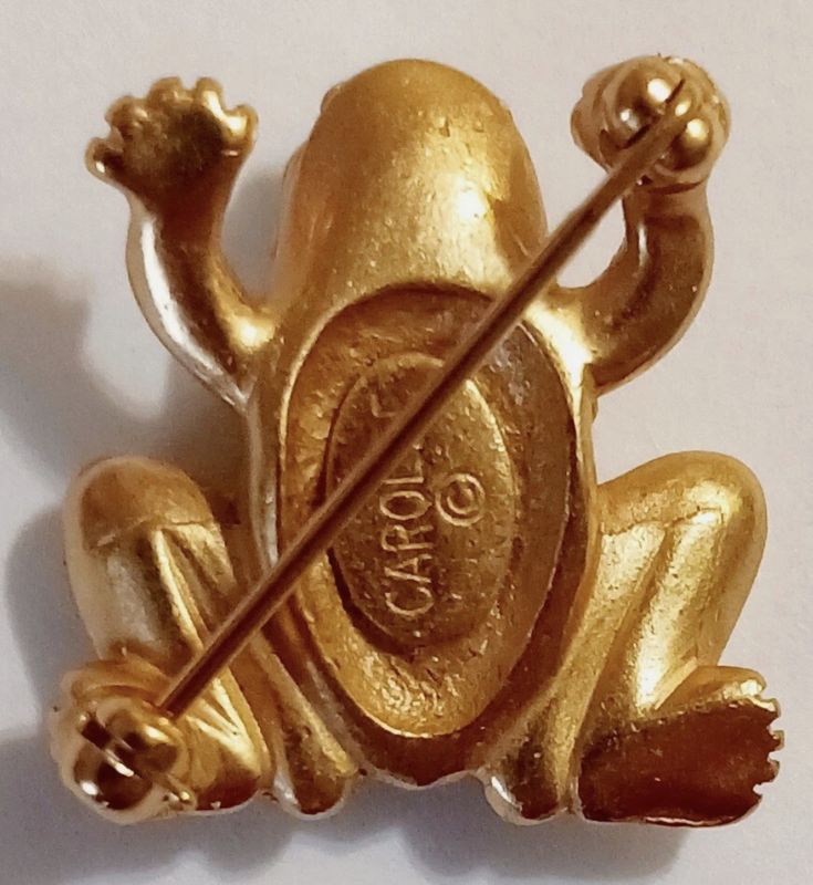 Carolee's Gold Frog Brooch with Green Eyes