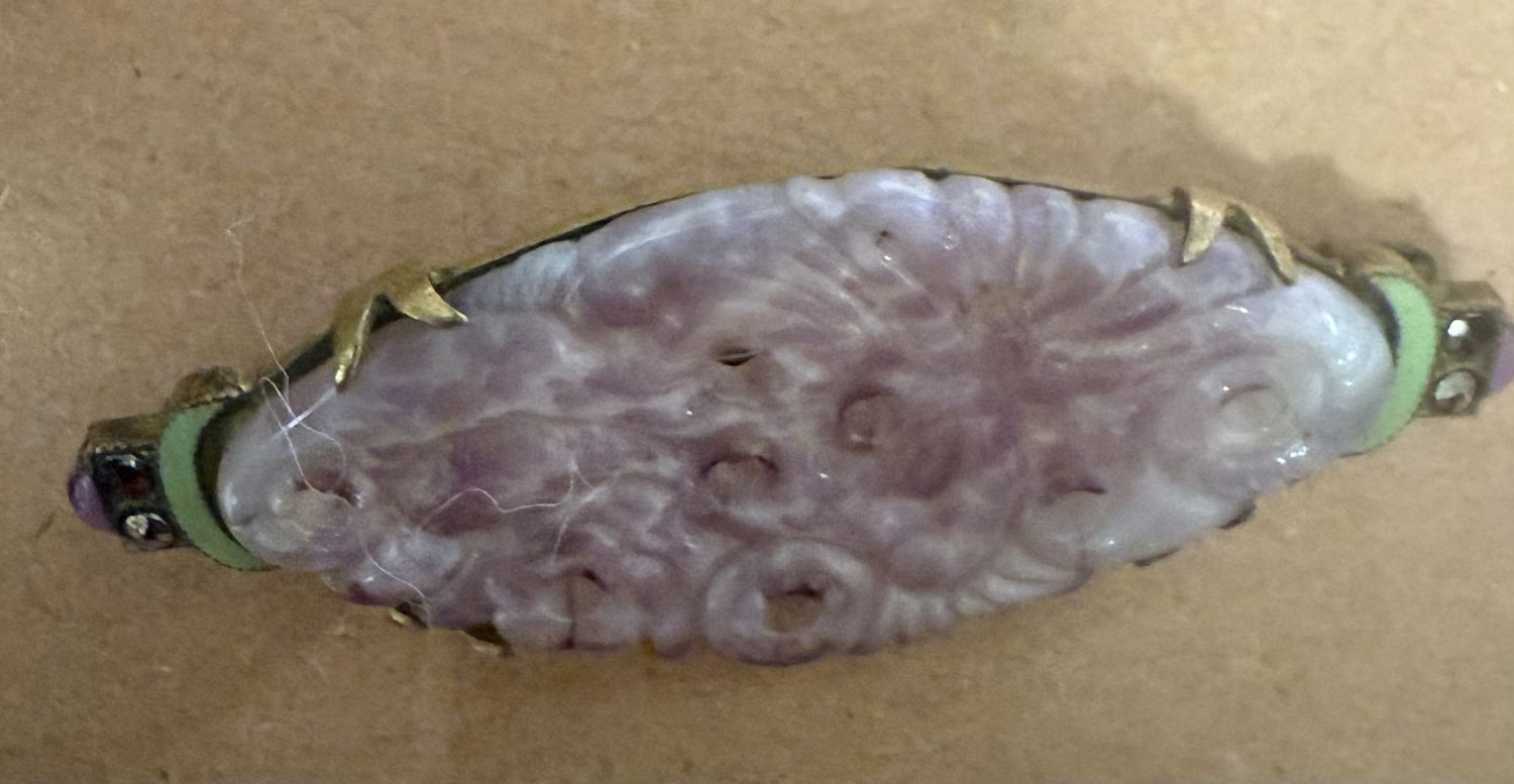 Deco Carved Purple Jade Glass Enamel and Marcasite Brooch