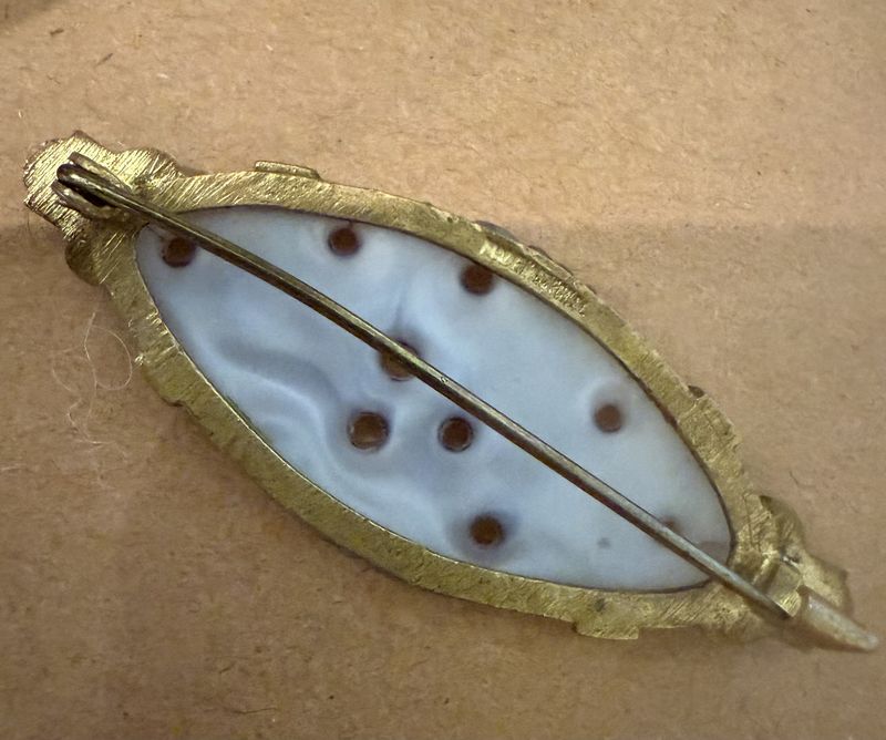 Deco Carved Purple Jade Glass Enamel and Marcasite Brooch