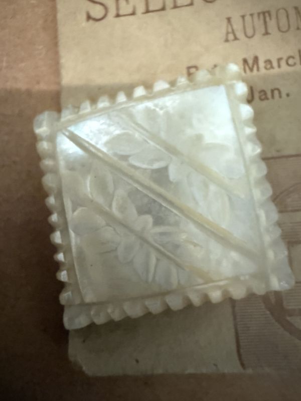 Pair of Carved Mother of Pearl Collar or Cuff Buttons on original Card 1896