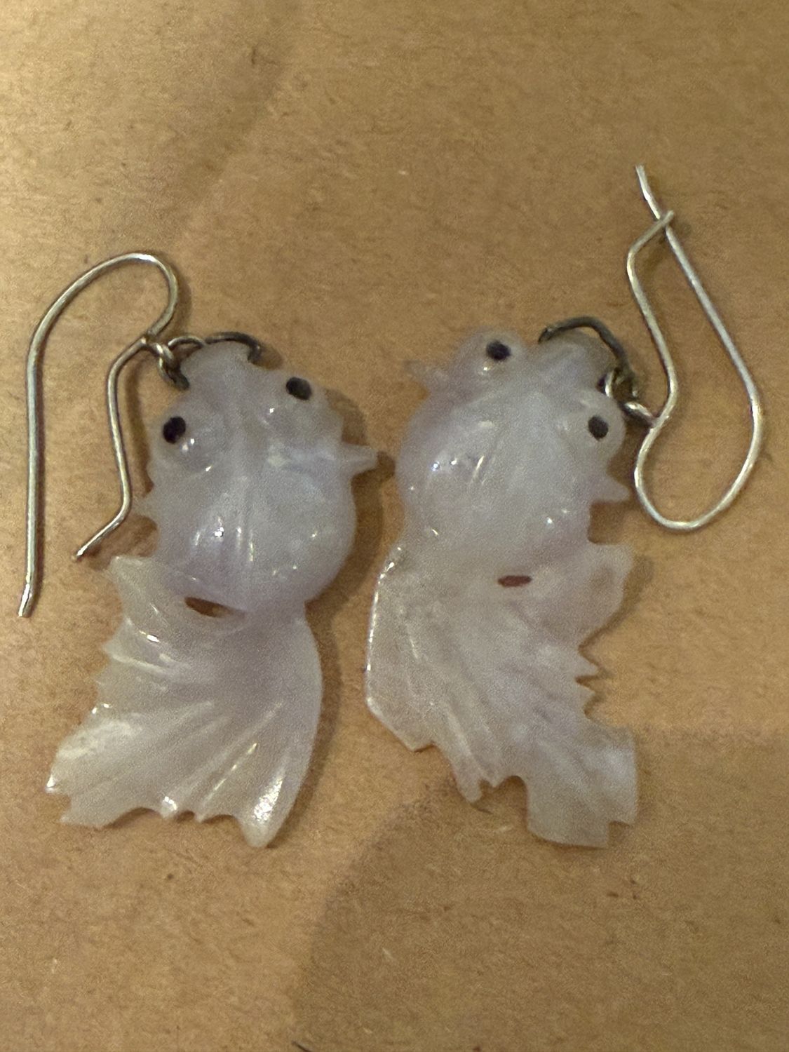 Purple Jade Carved Koi Fish Earrings with 14Kt White Gold Wires