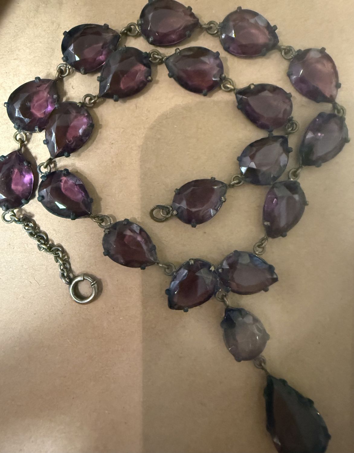 Edwardian Czech. Amethyst Glass Necklace Brass