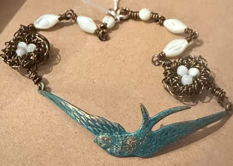 Romina Handmade Mother of Pearl and Bronze Wire Bird and Nest Bracelet