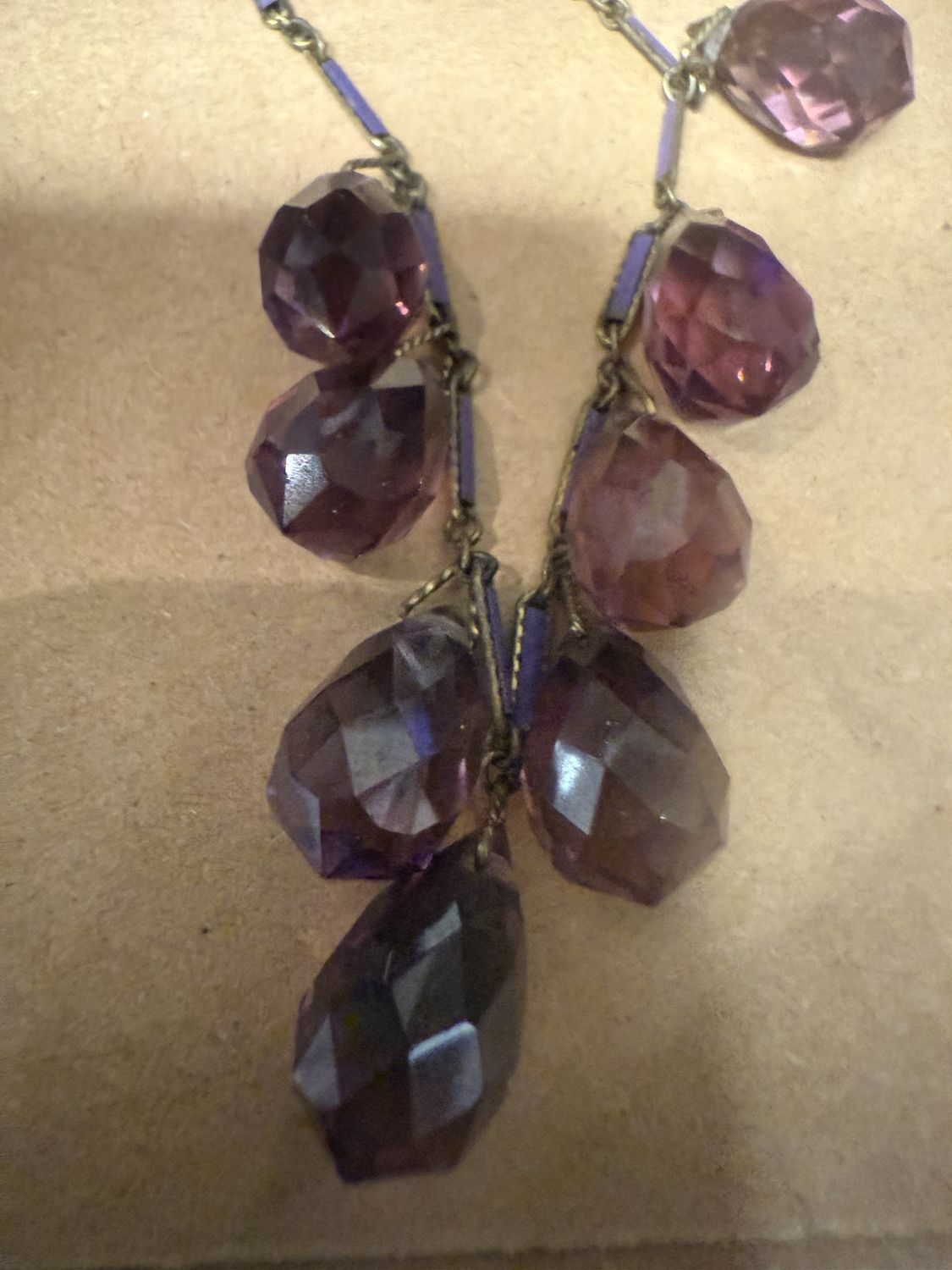 Lavender Enamelled Links and Cut Anethyst Glass Drops Antique Necklace Edwardian