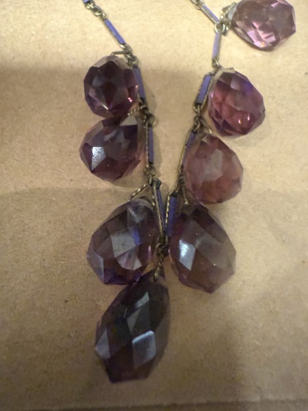 Lavender Enamelled Links and Cut Anethyst Glass Drops Antique Necklace Edwardian