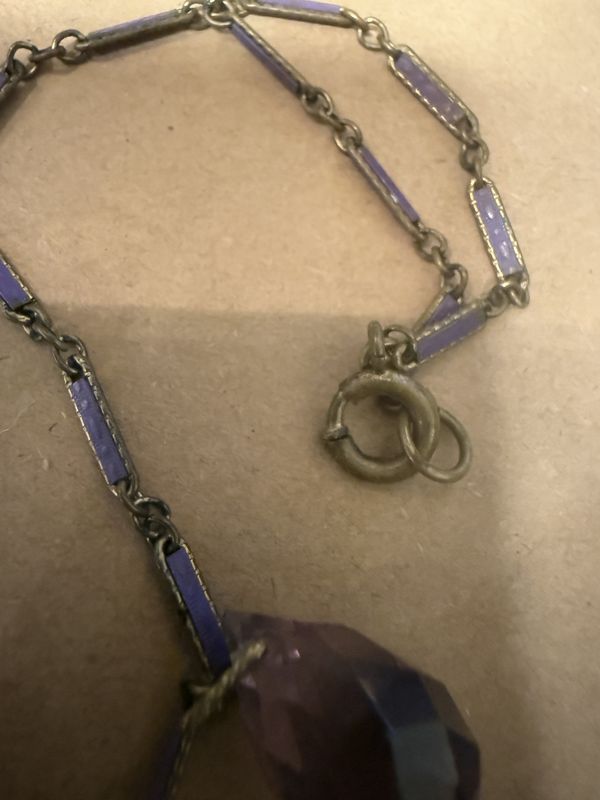 Lavender Enamelled Links and Cut Anethyst Glass Drops Antique Necklace Edwardian