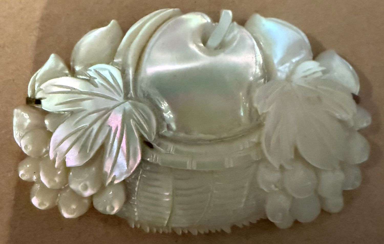 Mother of Pearl Carved Fruit Basket Brooch Victorian