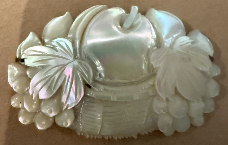 Mother of Pearl Carved Fruit Basket Brooch Victorian