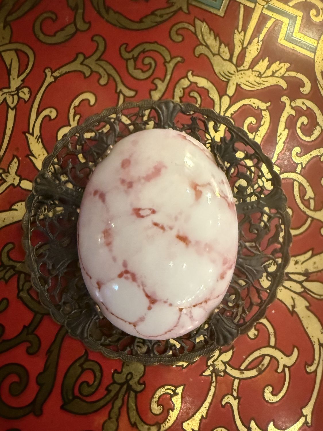 Bronze Filigre with Pink Crackled Egg Cabochon Brooch