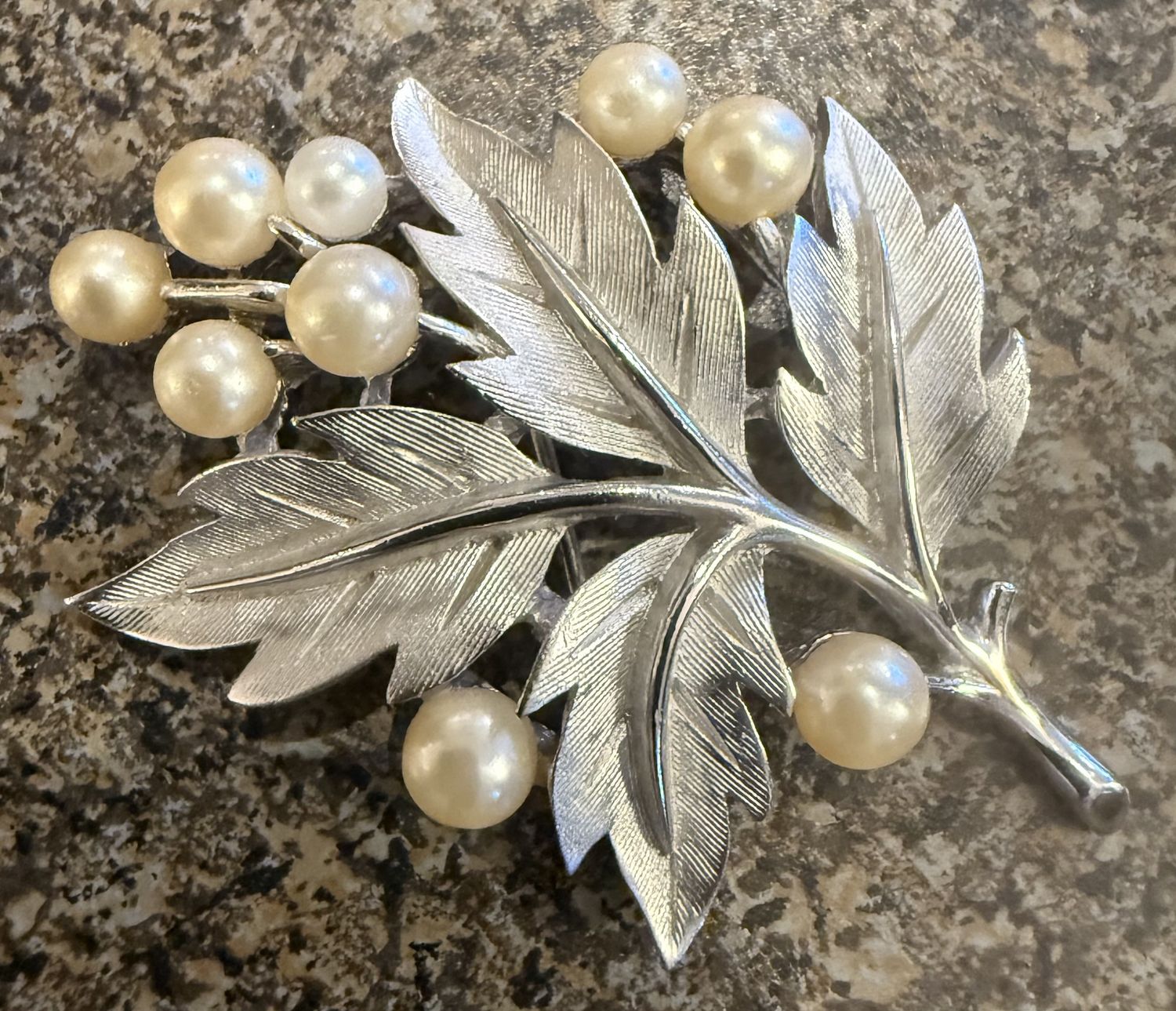 Trifari Silver Tone and Faux Pearl Brooch