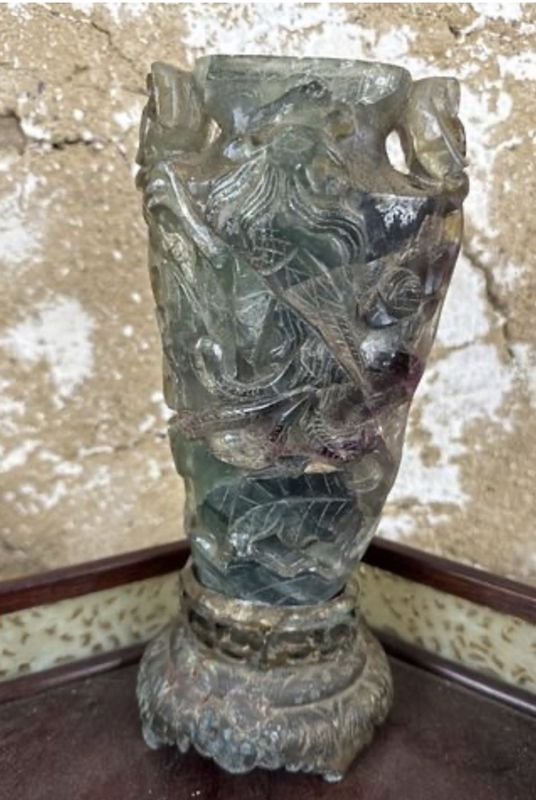 Heavily Carved Antique Jade Lamp with Foo Dog Finial