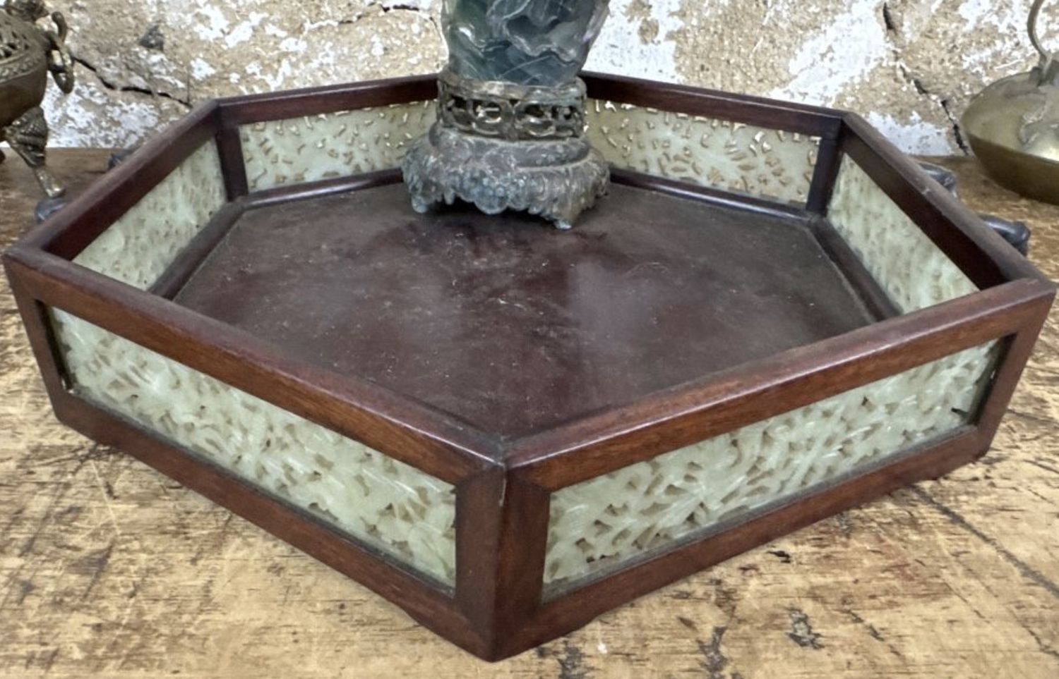 Carved Jade and Wood Tray with Bronze Handles