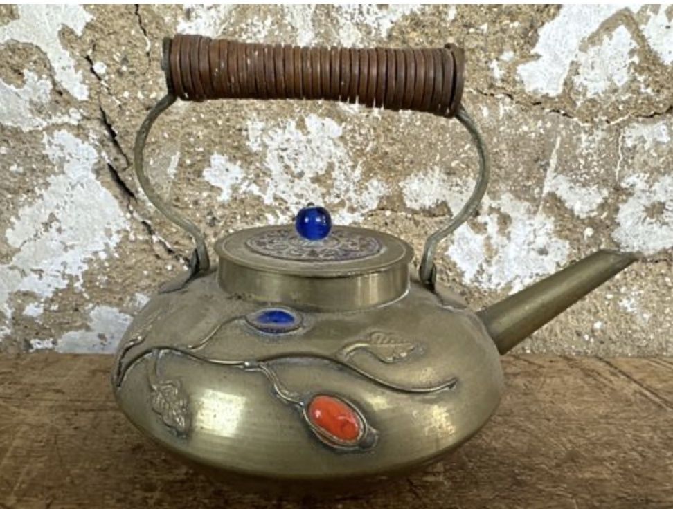 Chinese Brass Tea Pot with Semi-Precious Stones