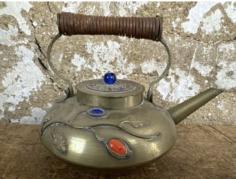 Chinese Brass Tea Pot with Semi-Precious Stones