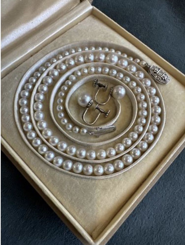 Antique Pearl Necklace and Earrings w/Diamond Clasp in Original Presentation Box
