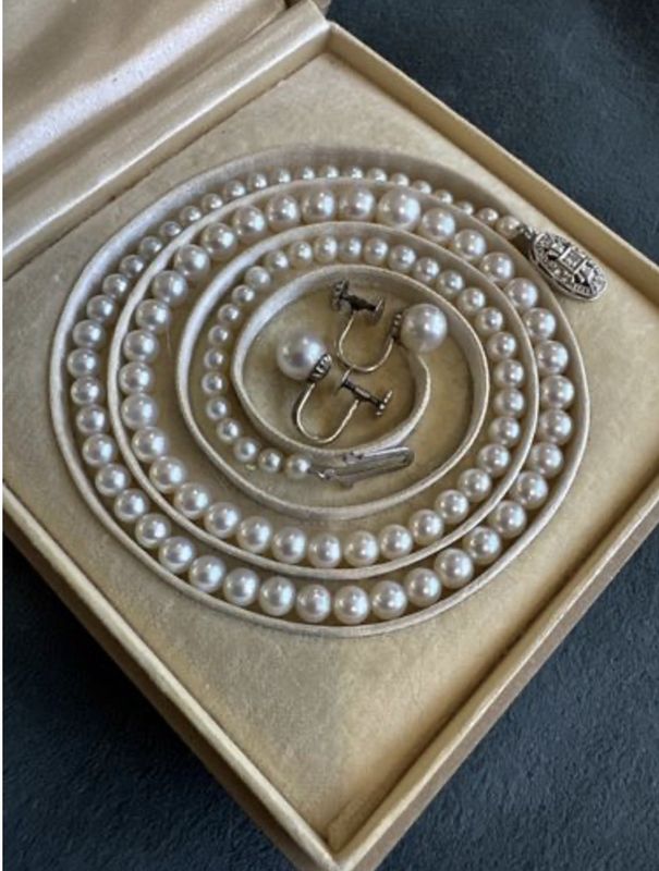 Antique Pearl Necklace and Earrings w/Diamond Clasp in Original Presentation Box