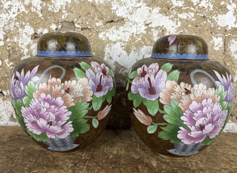 Pair of Large Antique Enameled Cloisonne Ginger Jars