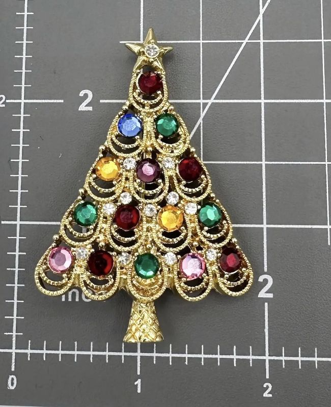 Vintage Eisenberg Ice Gold Tone Christmas Tree Brooch with Multi-Colored Rhinestones
