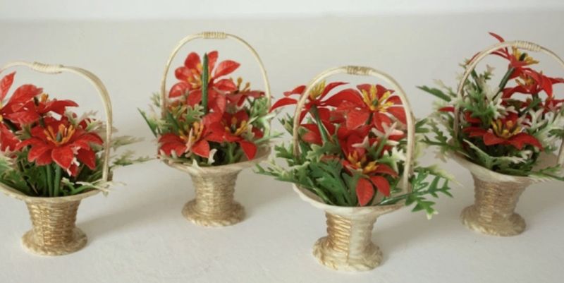 Vintage MCM Plastic Poinsettia Wicker Basket White Red Poinsettias- set of 4