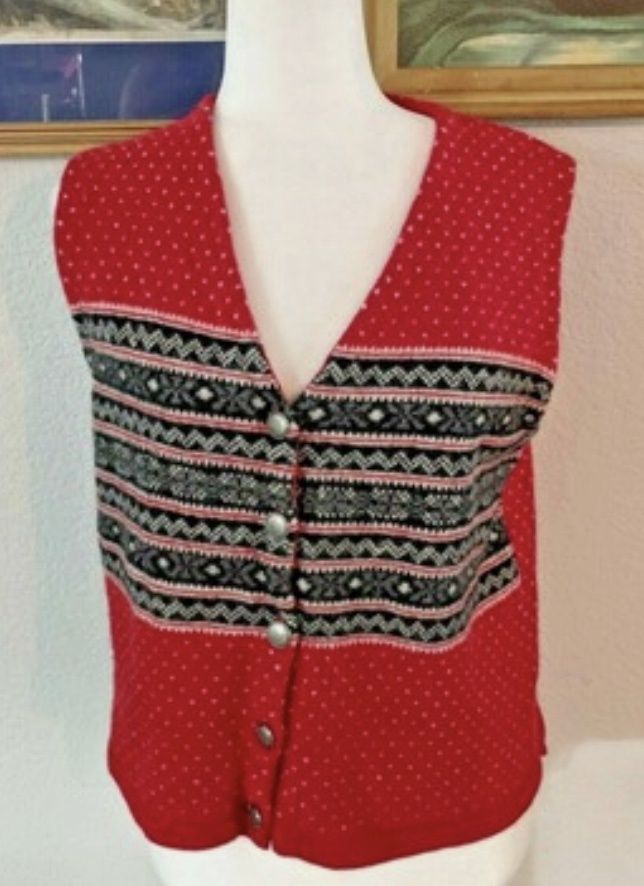 Women&#39;s Eddie Bauer 100% Lambswool Multi Color Red Button Vest  Medium