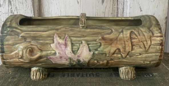 Weller Woodcraft 1920s Art Pottery Rustic Leaf Log Shaped Footed Planter 11&quot;