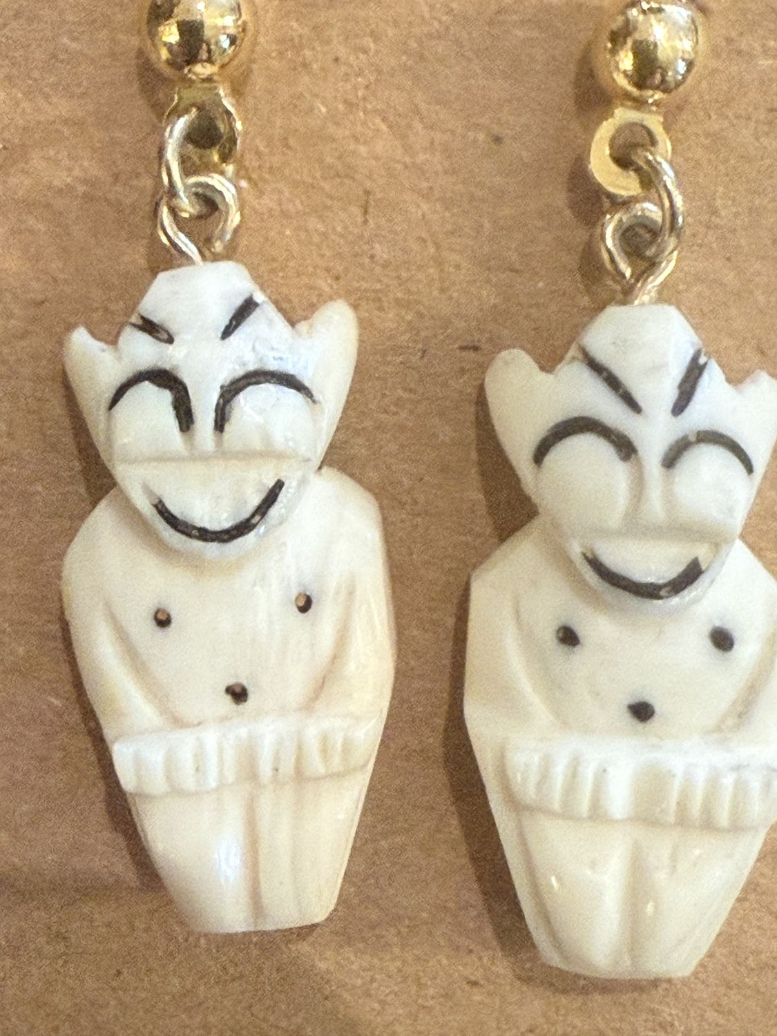 ANTIQUE CARVED BILLIKEN LUCKY CHARM EARRINGS w/postcard