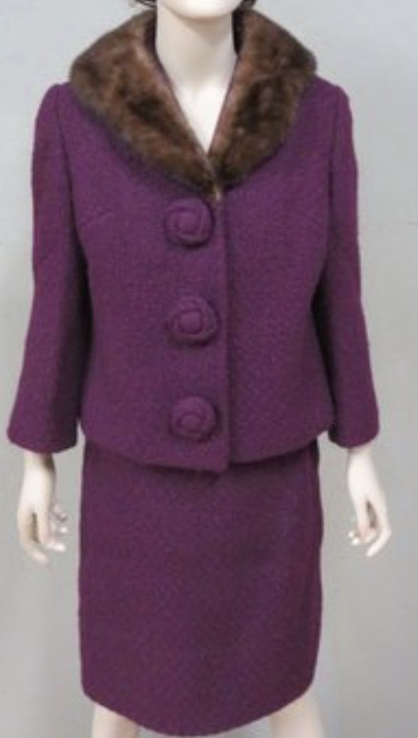 Circa 1950s Worsted Wool Purple Fur Trimmed Ladies Suit