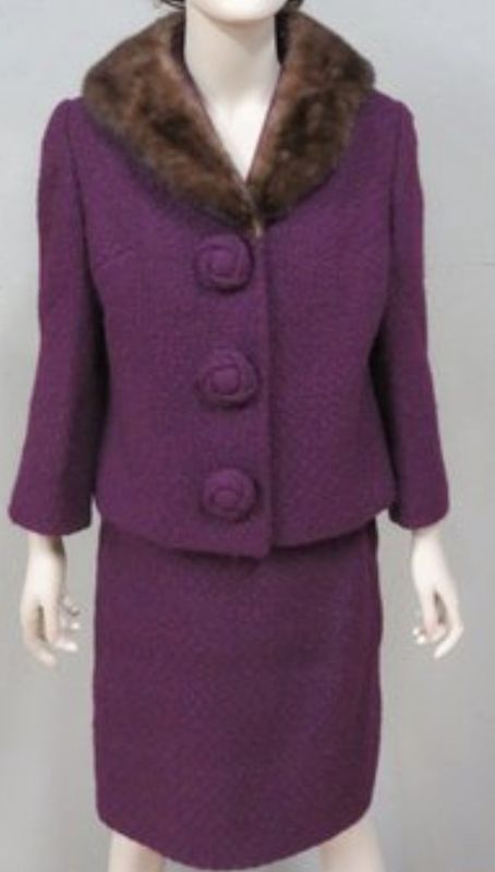 Circa 1950s Worsted Wool Purple Fur Trimmed Ladies Suit