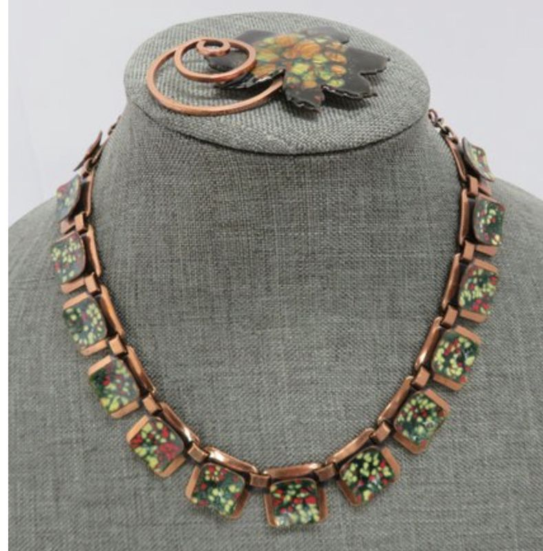 Enamelled Copper Necklace and Leaf Brooch
