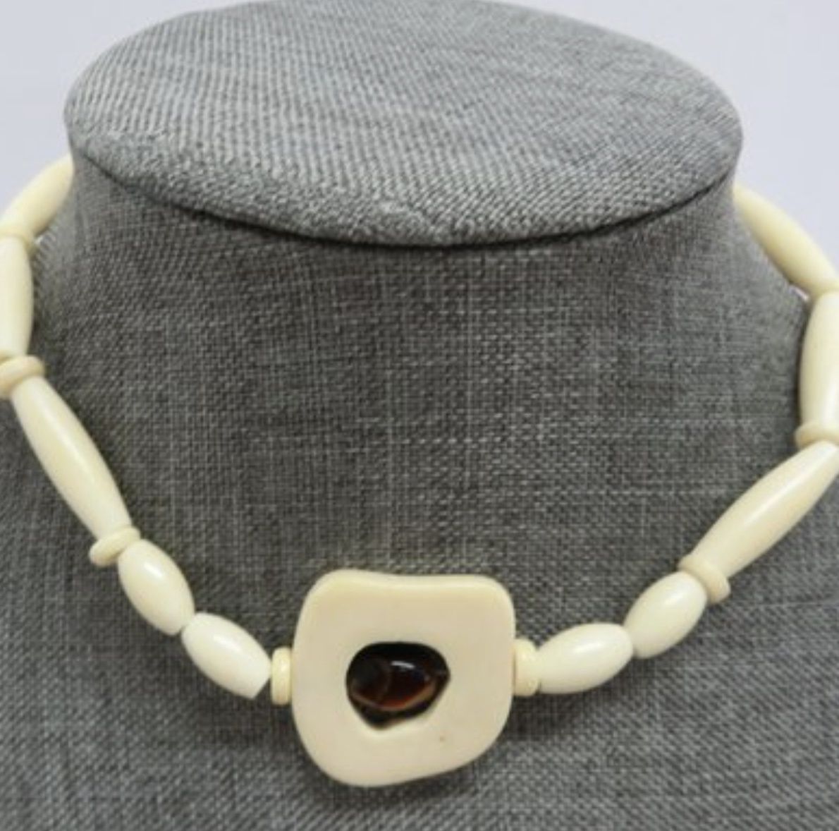 BOHO Carved Bone Bead Necklace with Tiger Eye Bead within Bone Bead Focal